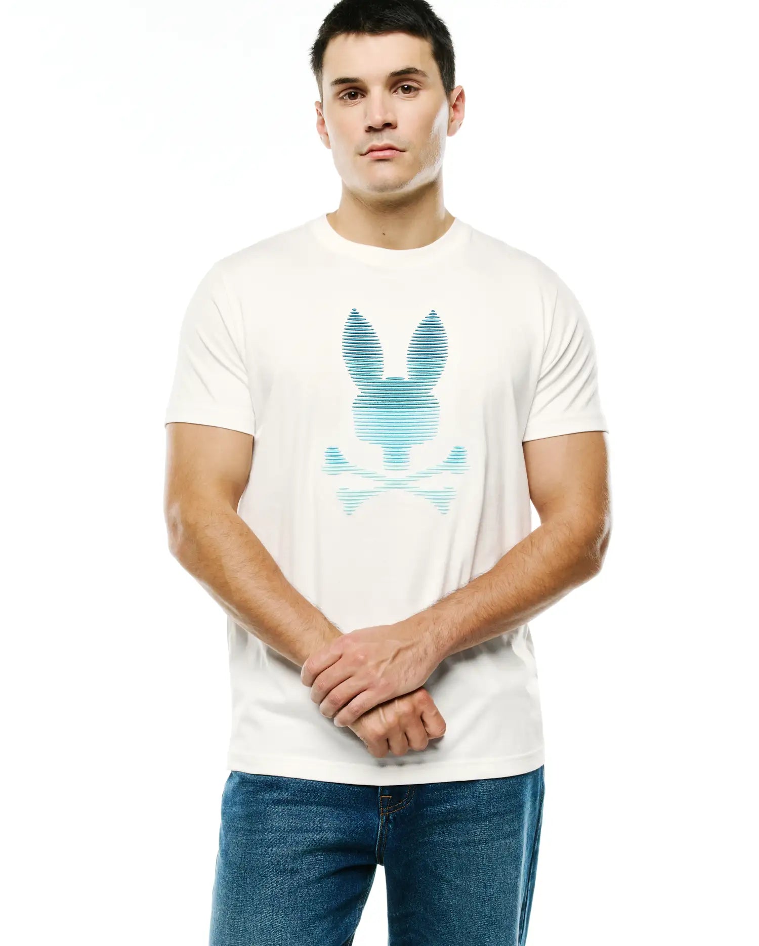 Men's Slade Bunny Graphic Tee, a cream classic fit jersey t-shirt featuring a large center chest Psycho Bunny skull logo in a blue horizontal stripe gradient design. (2)