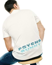 Men's Slade Bunny Graphic Tee. Cream classic fit pique polo with a large horizontal striped blue gradient PSYCHO BUNNY graphic on the lower back and a small brand tag on the side. (4)