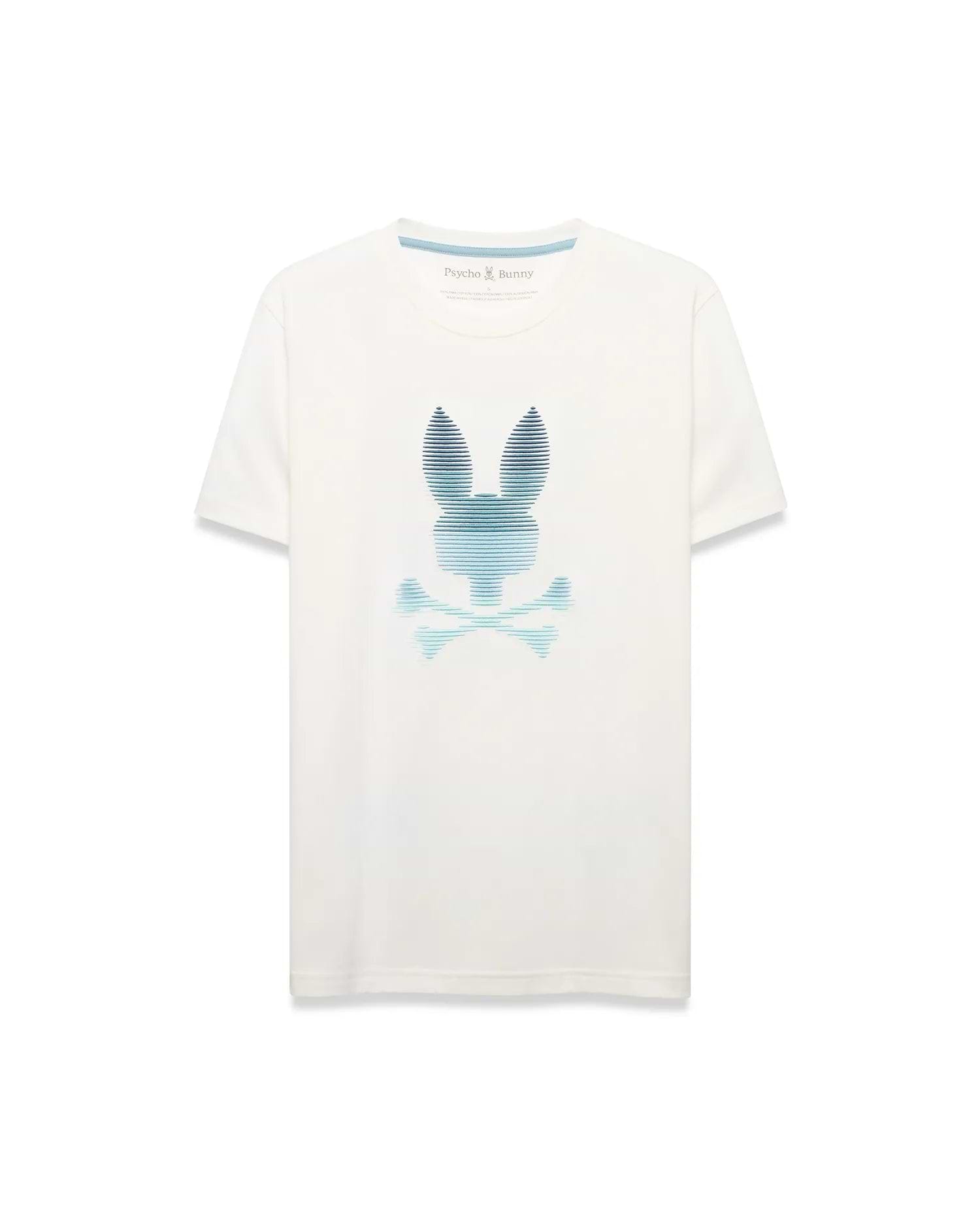 Men's Slade Bunny Graphic Tee, an ecru classic fit jersey t-shirt with a large, center chest blue and teal gradient striped Psycho Bunny skull logo. (1)