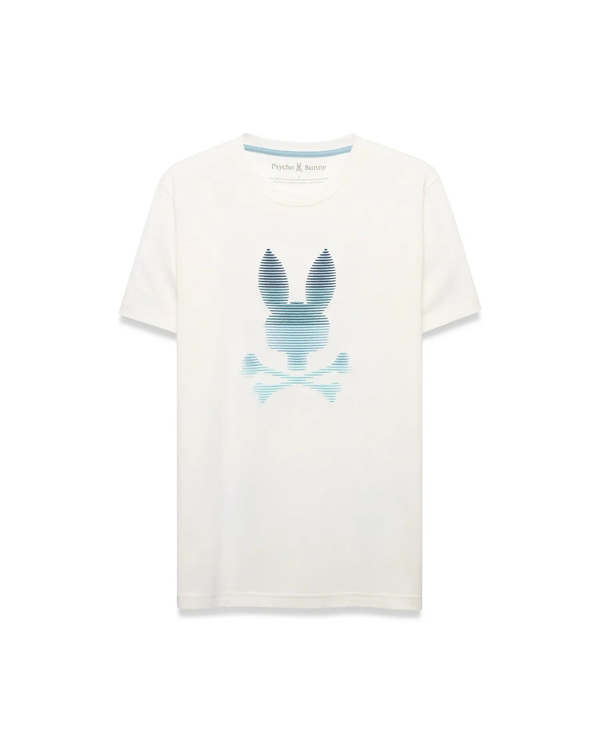 Men's Slade Bunny Graphic Tee, an ecru classic fit jersey t-shirt with a large, center chest blue and teal gradient striped Psycho Bunny skull logo. (1)