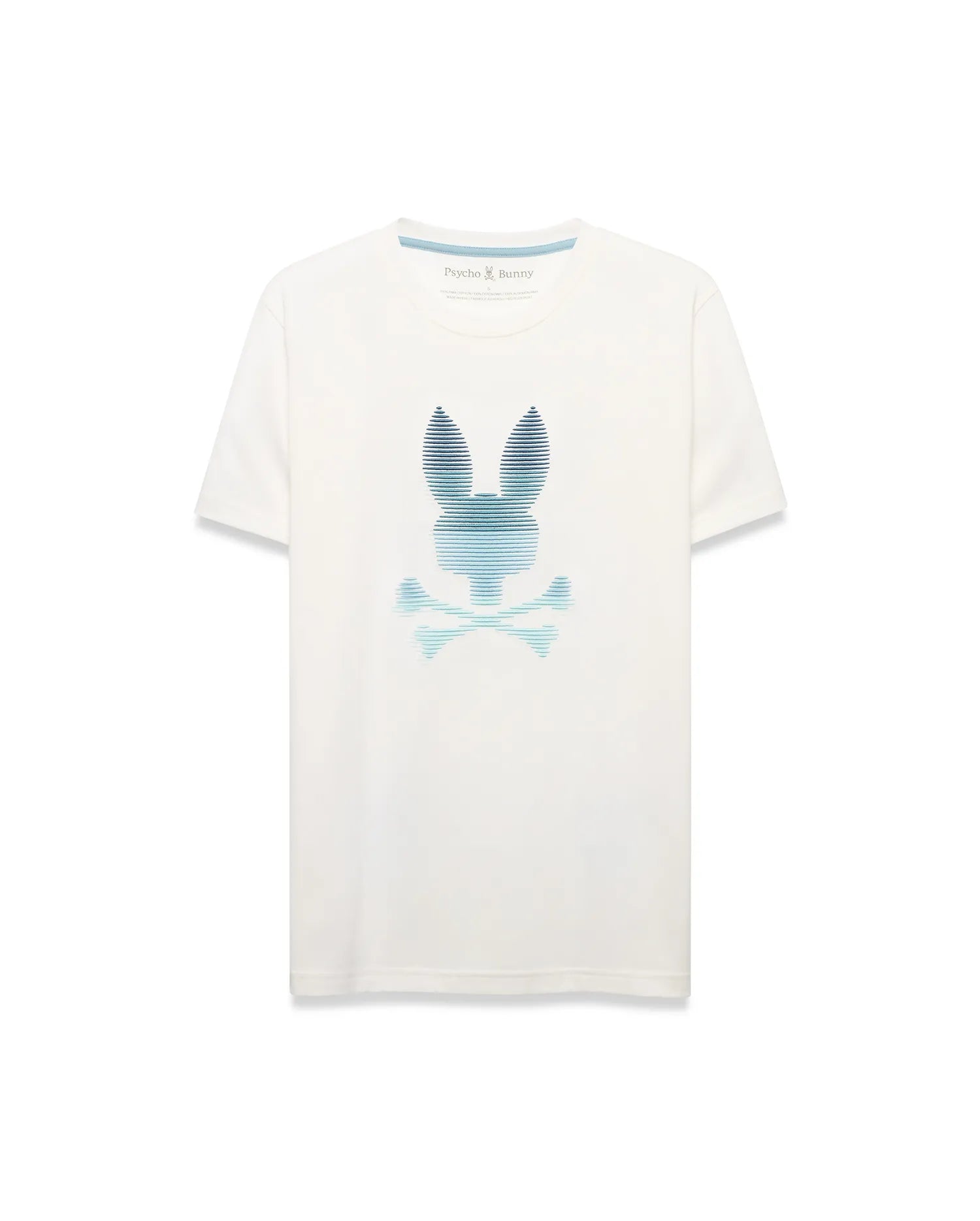 Men's Slade Bunny Graphic Tee, an ecru classic fit jersey t-shirt with a large, center chest blue and teal gradient striped Psycho Bunny skull logo. (1)