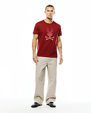 Men's Slade Bunny Graphic Tee, a classic fit dark red jersey t-shirt featuring a large, centered white horizontal-line Psycho Bunny skull graphic on the chest. (5)