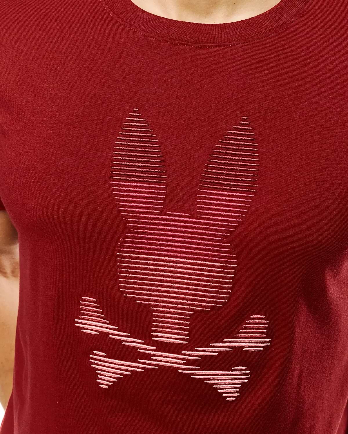 Men's Slade Bunny Graphic Tee, a classic fit deep red jersey t-shirt featuring a large, central striped Psycho Bunny skull logo in a lighter red. (3)