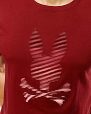 Men's Slade Bunny Graphic Tee, a classic fit deep red jersey t-shirt featuring a large, central striped Psycho Bunny skull logo in a lighter red. (3)