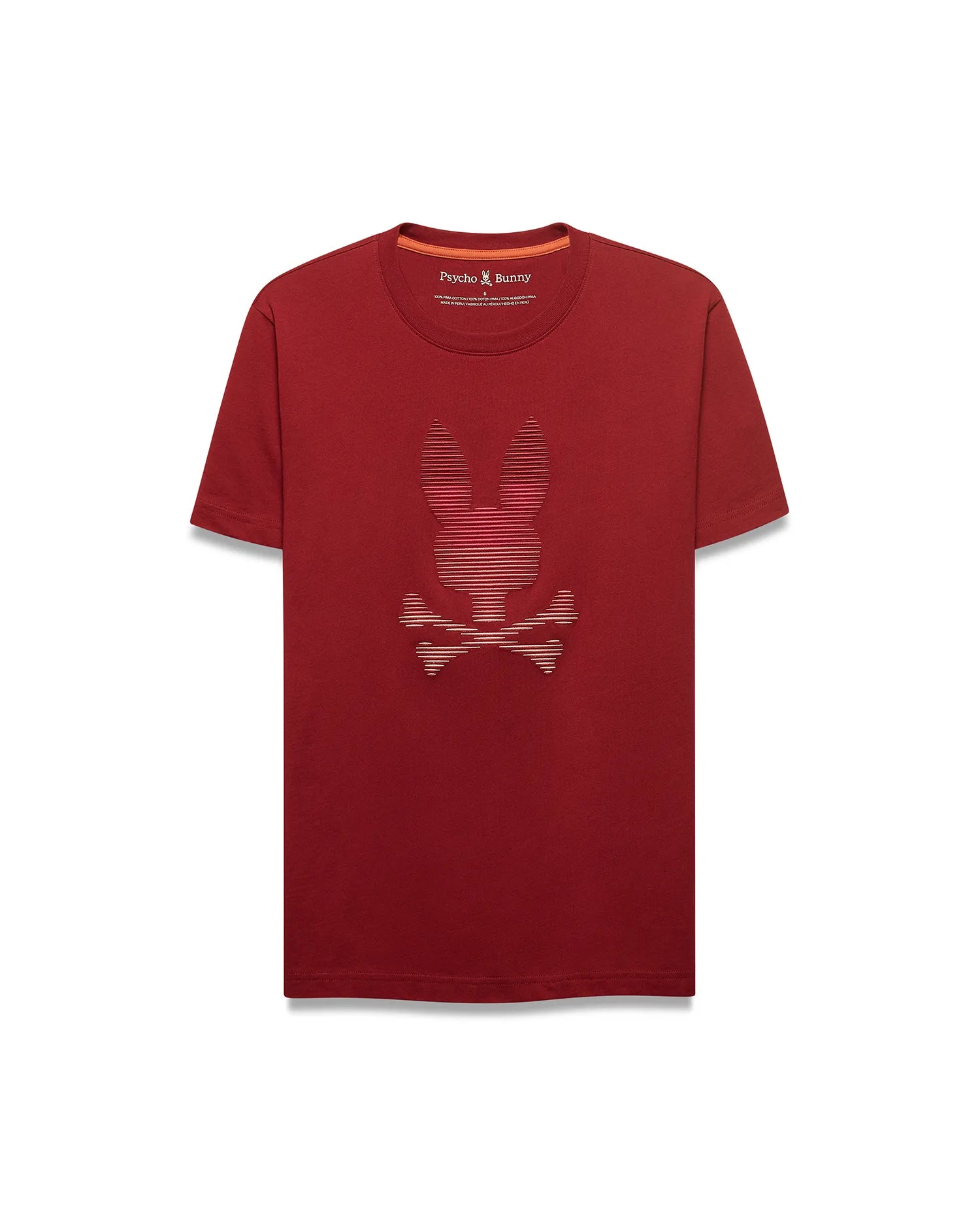 Men's Slade Bunny Graphic Tee. Deep red classic fit jersey t-shirt featuring a large central striped Psycho Bunny skull graphic in lighter red tones and orange neck tape. (1)