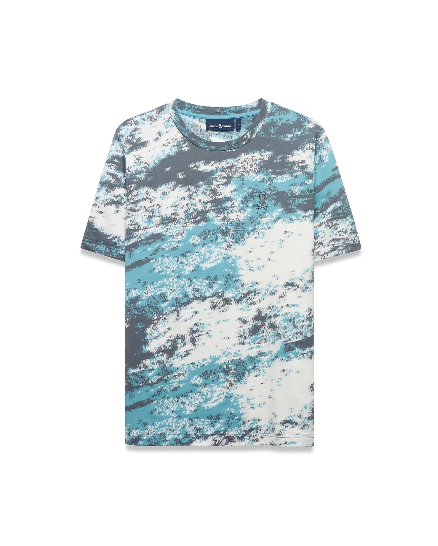 Men's Alfie All-Over Jacquard Tee, a classic fit white jersey t-shirt with an abstract grey and teal jacquard pattern, featuring a small embroidered Psycho Bunny skull logo on the left chest. (5)