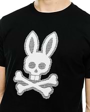 Men's Samson Graphic Tee, black classic fit jersey knit t-shirt featuring a large, textured white embroidered Psycho Bunny skull and crossbones logo centrally on the chest. (3)