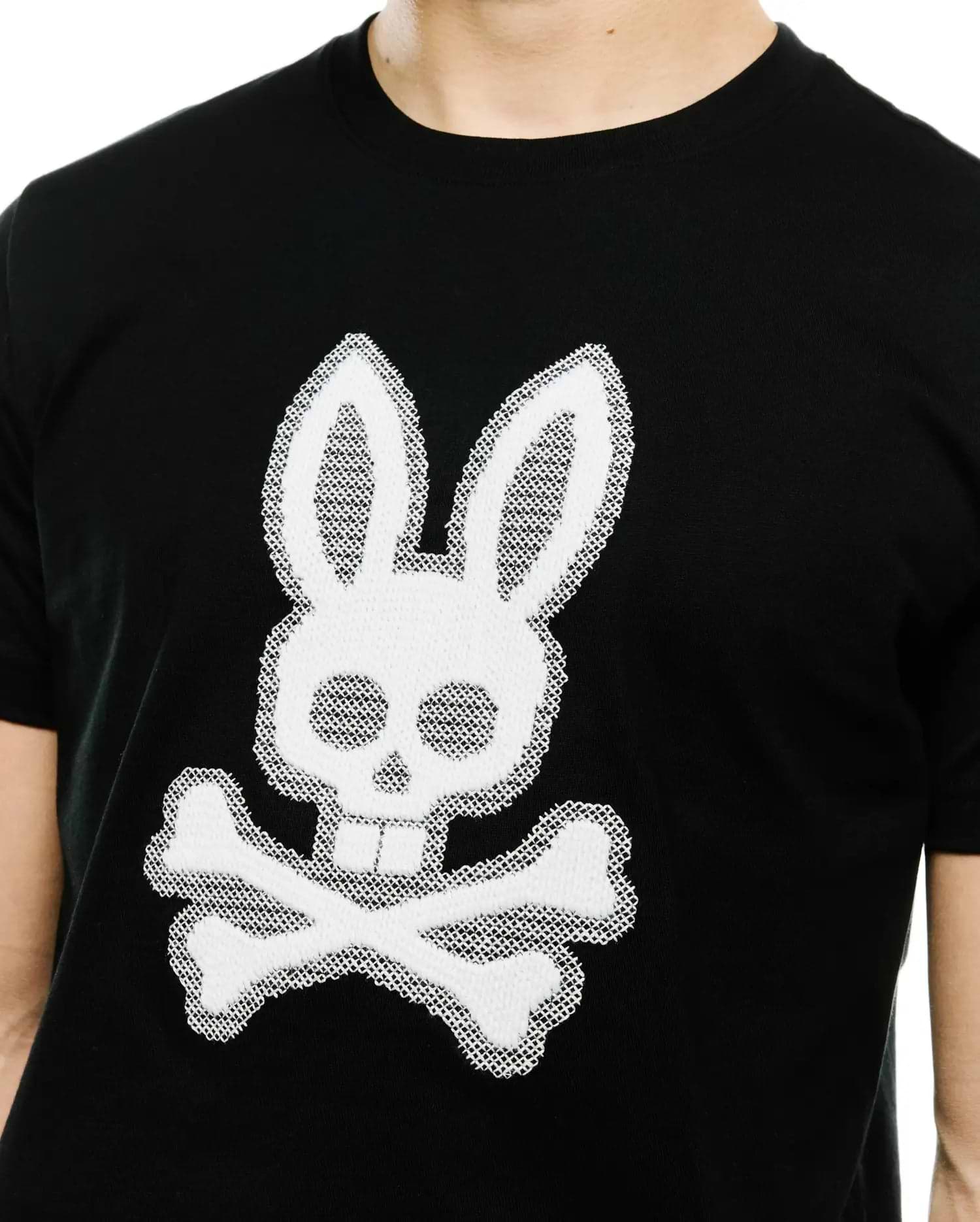 Men's Samson Graphic Tee, black classic fit jersey knit t-shirt featuring a large, textured white embroidered Psycho Bunny skull and crossbones logo centrally on the chest. (3)
