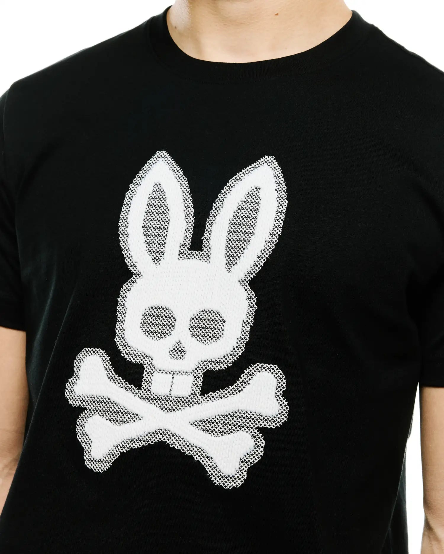 Men's Samson Graphic Tee, black classic fit jersey knit t-shirt featuring a large, textured white embroidered Psycho Bunny skull and crossbones logo centrally on the chest. (3)