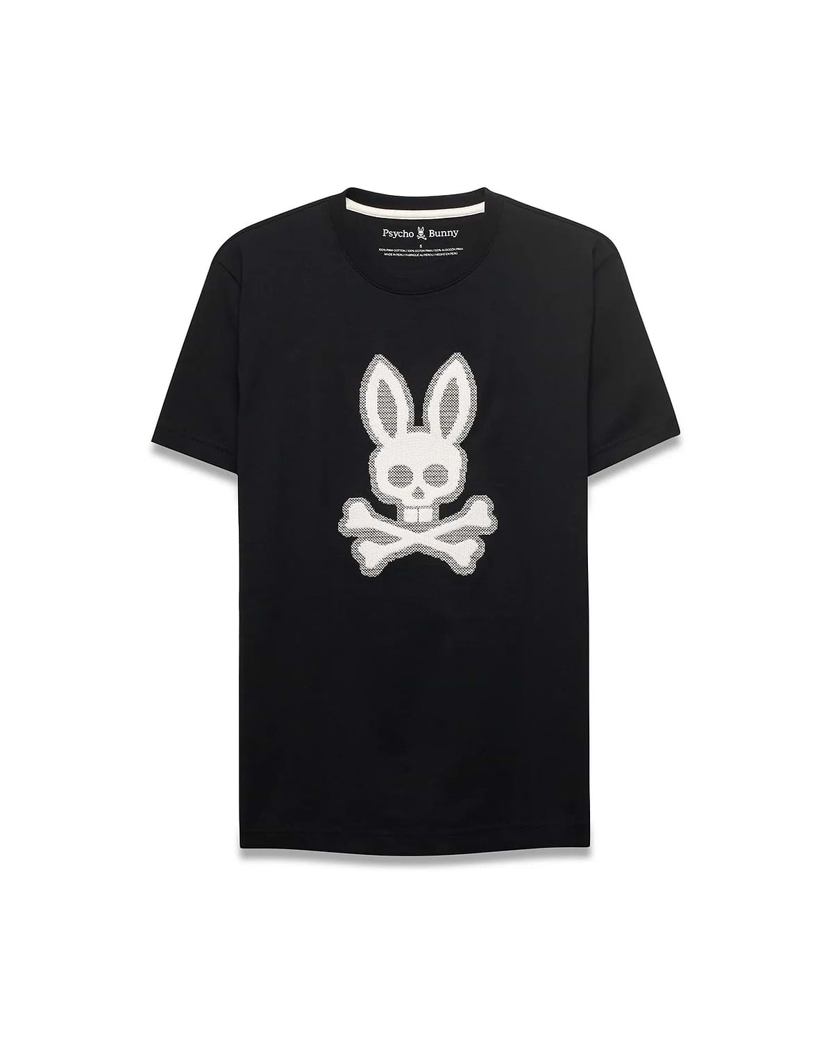 Men's Samson Graphic Tee, a black classic fit jersey t-shirt featuring a prominent white textured Psycho Bunny skull and crossbones graphic on the center chest. (1)