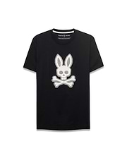 Men's Samson Graphic Tee, a black classic fit jersey t-shirt featuring a prominent white textured Psycho Bunny skull and crossbones graphic on the center chest. (1)