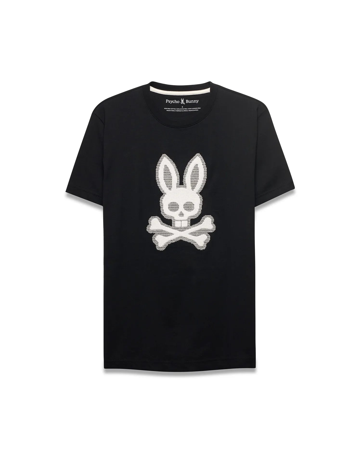 Men's Samson Graphic Tee, a black classic fit jersey t-shirt featuring a prominent white textured Psycho Bunny skull and crossbones graphic on the center chest. (1)