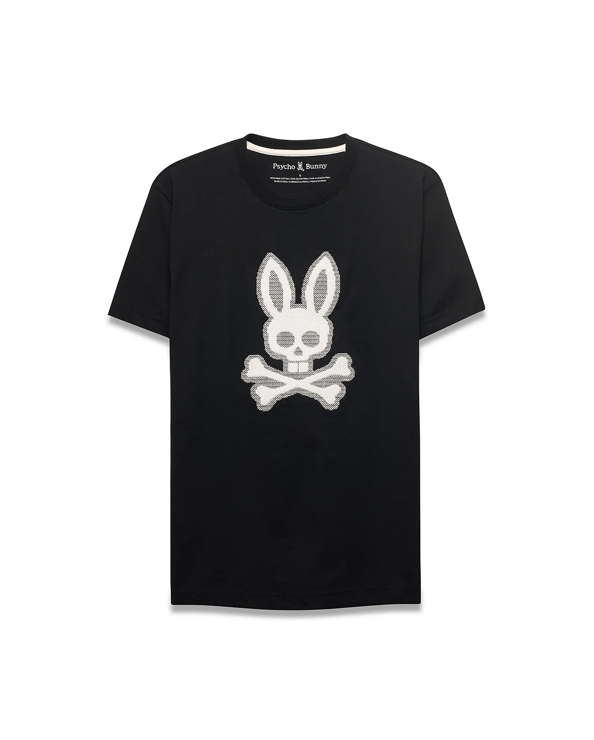 Men's Samson Graphic Tee, a black classic fit jersey t-shirt featuring a prominent white textured Psycho Bunny skull and crossbones graphic on the center chest. (1)