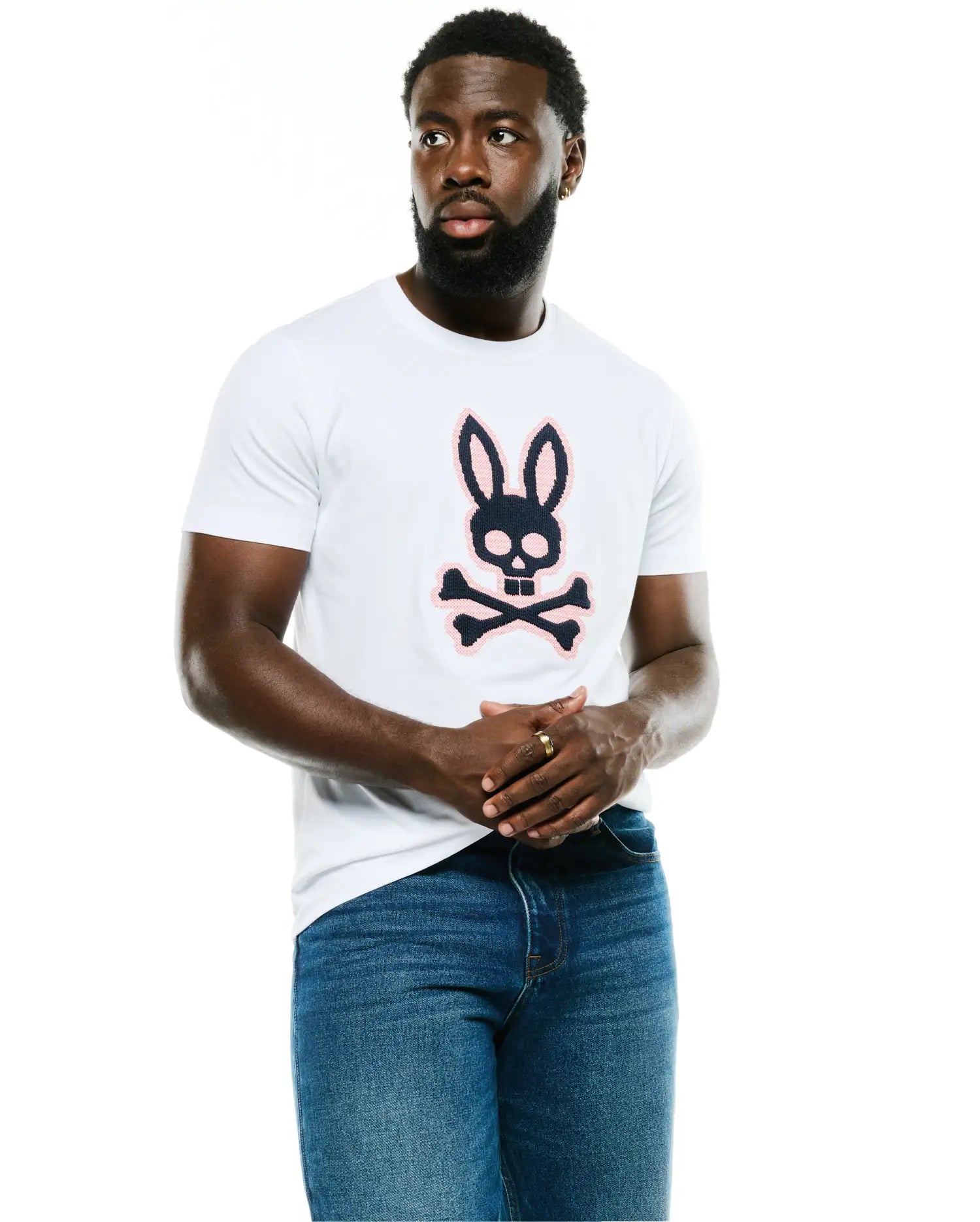Men's Samson Graphic Tee, a white classic fit jersey t-shirt featuring a prominent black and pink Psycho Bunny skull logo graphic on the chest. (2)