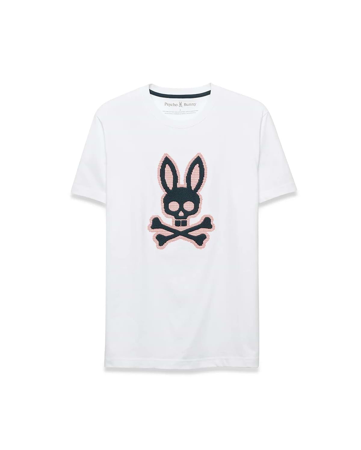 Men's Samson Graphic Tee, a white classic fit jersey t-shirt featuring a large, center chest black and pink cross-stitch Psycho Bunny skull and crossbones logo. (1)