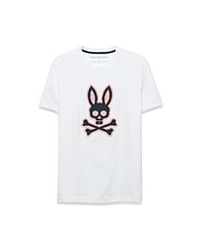 Men's Samson Graphic Tee, a white classic fit jersey t-shirt featuring a large, center chest black and pink cross-stitch Psycho Bunny skull and crossbones logo. (1)