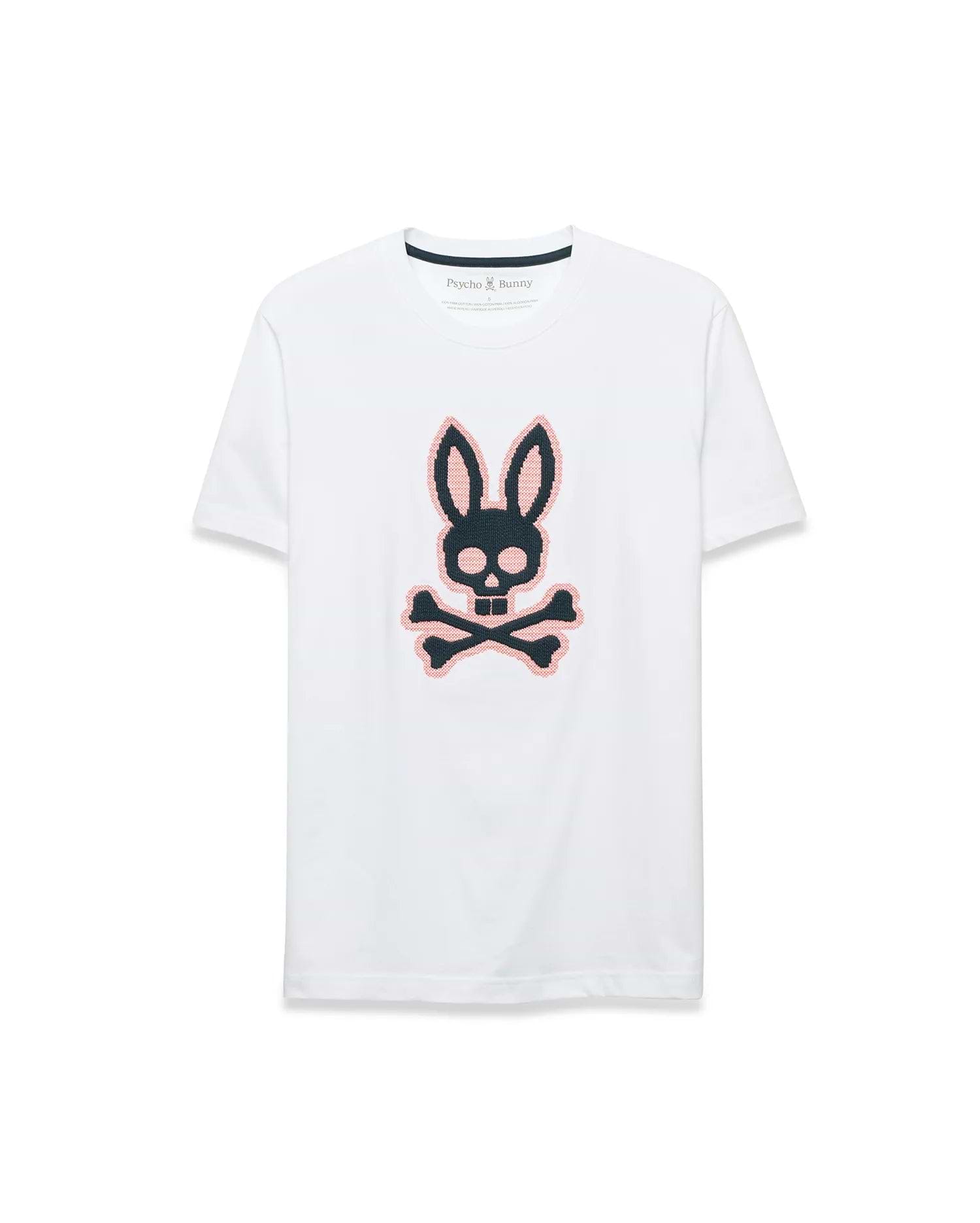 Men's Samson Graphic Tee, a white classic fit jersey t-shirt featuring a large, center chest black and pink cross-stitch Psycho Bunny skull and crossbones logo. (1)