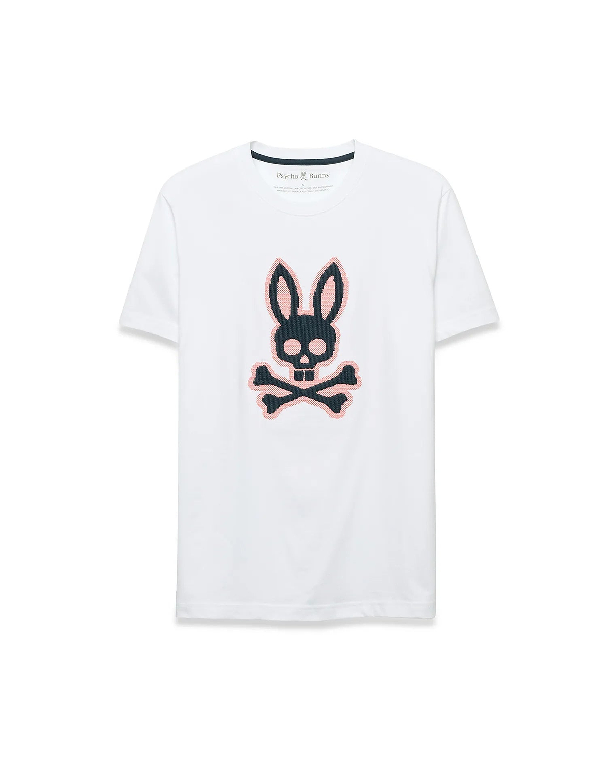 Men's Samson Graphic Tee, a white classic fit jersey t-shirt featuring a large, center chest black and pink cross-stitch Psycho Bunny skull and crossbones logo. (1)
