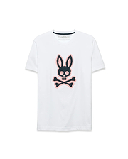 Men's Samson Graphic Tee, a white classic fit jersey t-shirt featuring a large, center chest black and pink cross-stitch Psycho Bunny skull and crossbones logo. (1)
