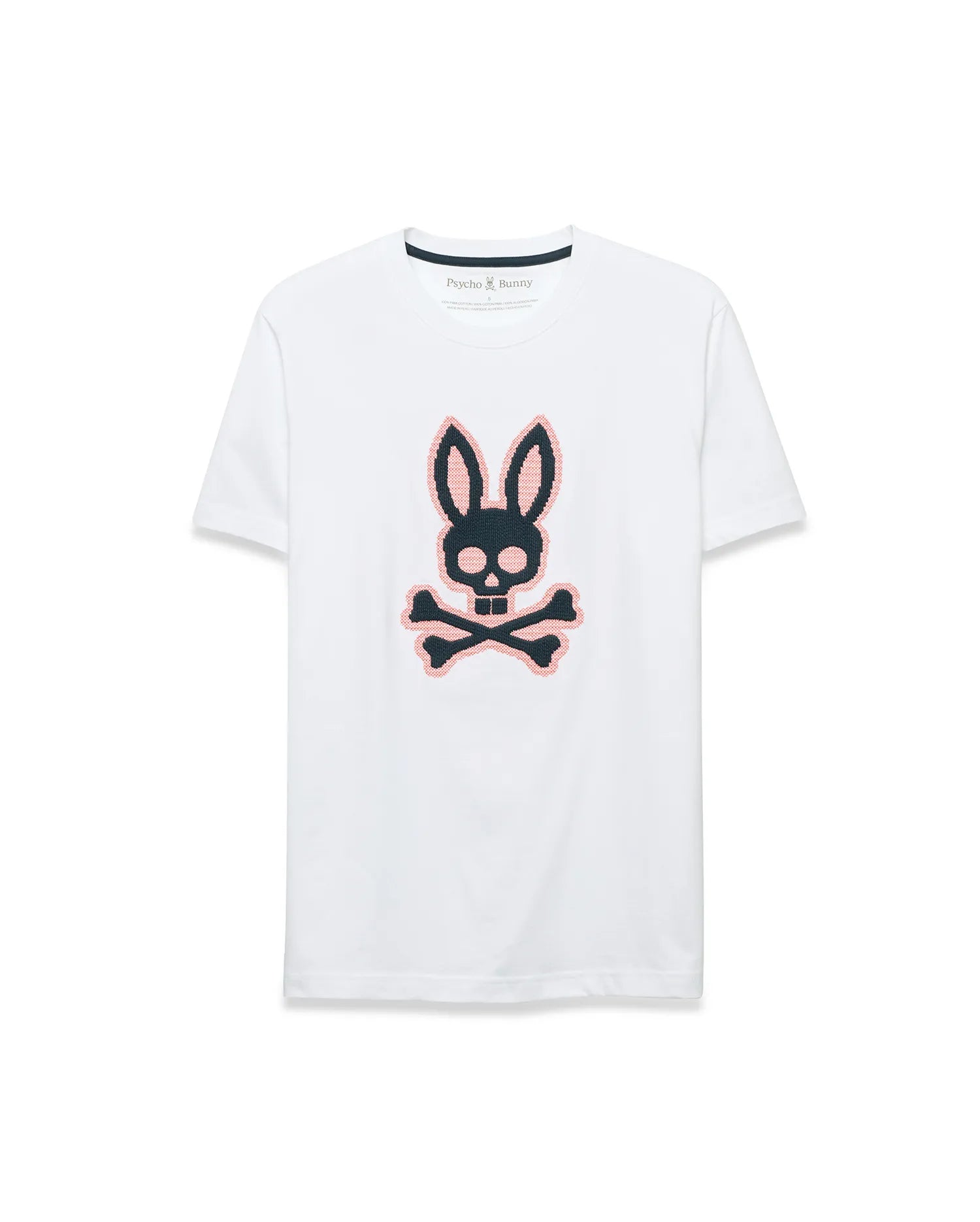 Men's Samson Graphic Tee, a white classic fit jersey t-shirt featuring a large, center chest black and pink cross-stitch Psycho Bunny skull and crossbones logo. (1)