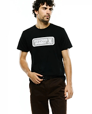 Men's Samson Wordmark Graphic Tee, a classic fit black jersey t-shirt featuring a large, textured white rectangular chest graphic with PSYCHO BUNNY text and the iconic bunny skull logo. (2)