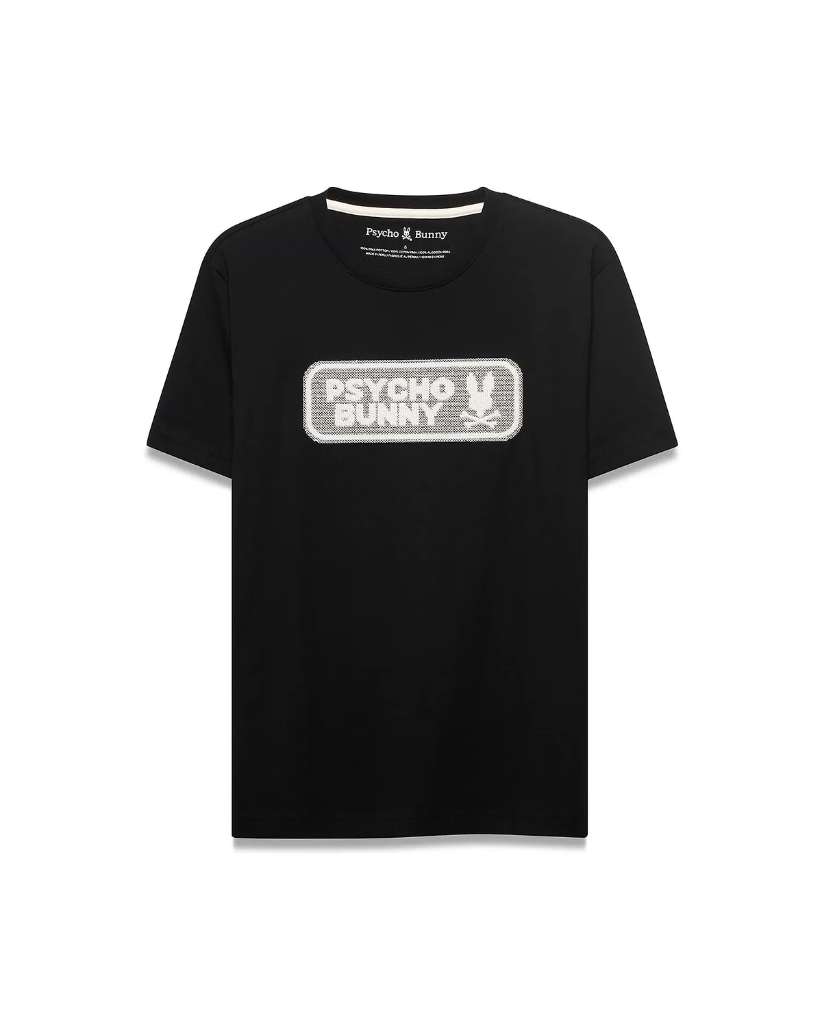 Men's Samson Wordmark Graphic Tee. Black classic fit jersey t-shirt with a large, centered white and silver embroidered Psycho Bunny wordmark graphic featuring the iconic bunny skull logo. (1)