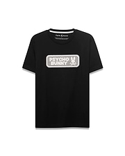 Men's Samson Wordmark Graphic Tee. Black classic fit jersey t-shirt with a large, centered white and silver embroidered Psycho Bunny wordmark graphic featuring the iconic bunny skull logo. (1)