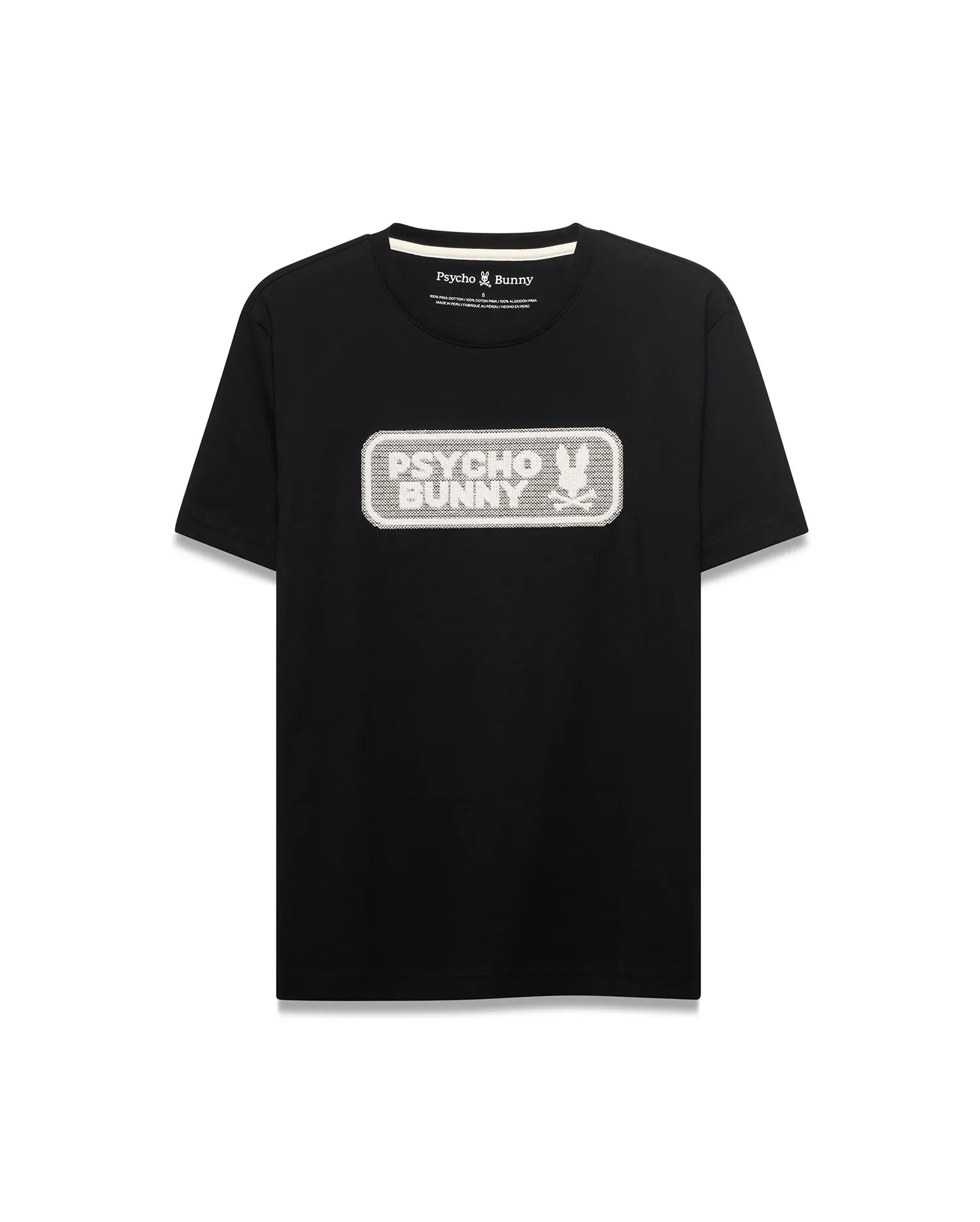 Men's Samson Wordmark Graphic Tee. Black classic fit jersey t-shirt with a large, centered white and silver embroidered Psycho Bunny wordmark graphic featuring the iconic bunny skull logo. (1)
