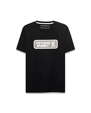 Men's Samson Wordmark Graphic Tee. Black classic fit jersey t-shirt with a large, centered white and silver embroidered Psycho Bunny wordmark graphic featuring the iconic bunny skull logo. (1)