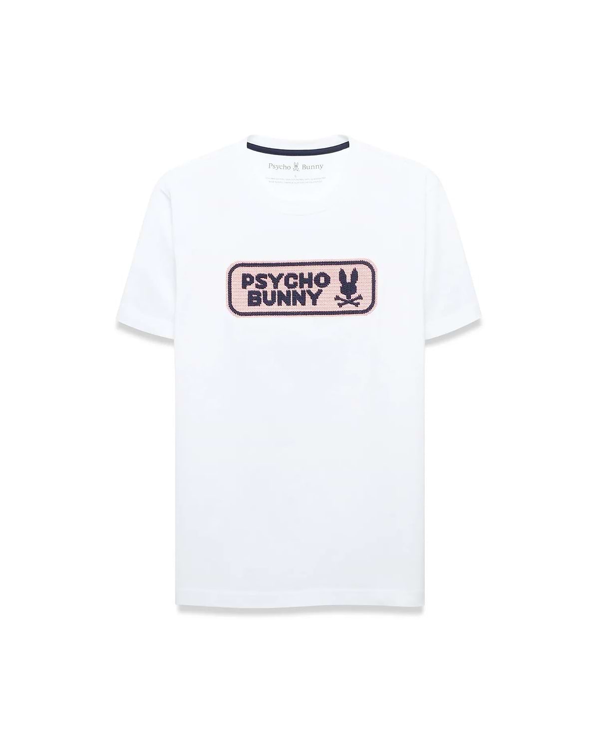 White classic fit jersey t-shirt with a large center chest textured graphic featuring a pink background, dark blue Psycho Bunny wordmark, and iconic bunny skull logo. Men's Samson Wordmark Graphic Tee. (1)