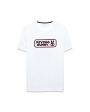 White classic fit jersey t-shirt with a large center chest textured graphic featuring a pink background, dark blue Psycho Bunny wordmark, and iconic bunny skull logo. Men's Samson Wordmark Graphic Tee. (1)