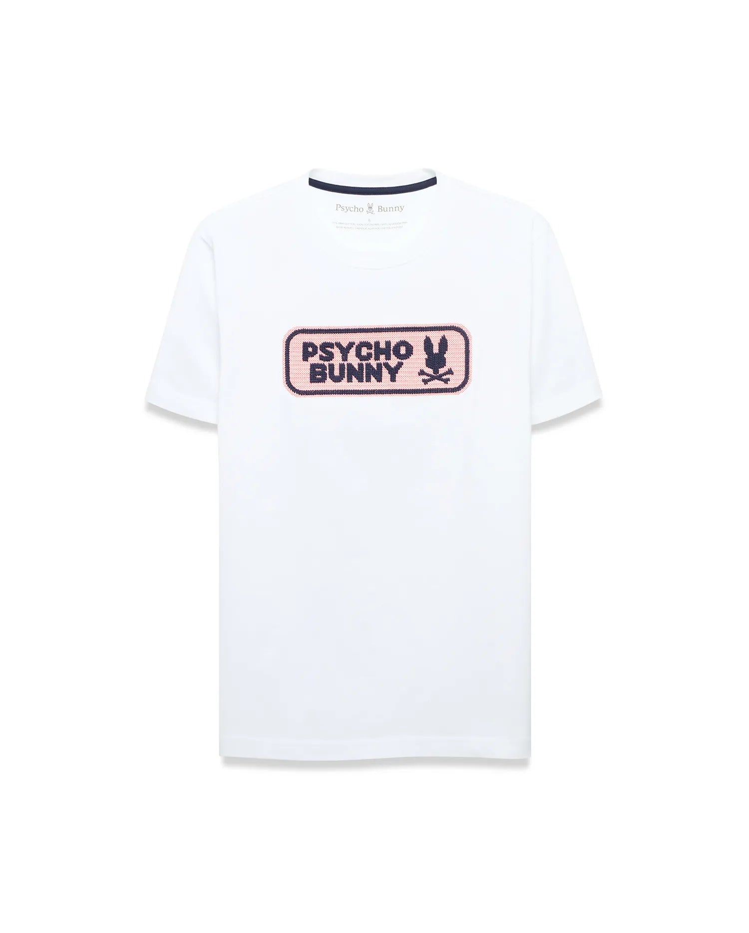 White classic fit jersey t-shirt with a large center chest textured graphic featuring a pink background, dark blue Psycho Bunny wordmark, and iconic bunny skull logo. Men's Samson Wordmark Graphic Tee. (1)