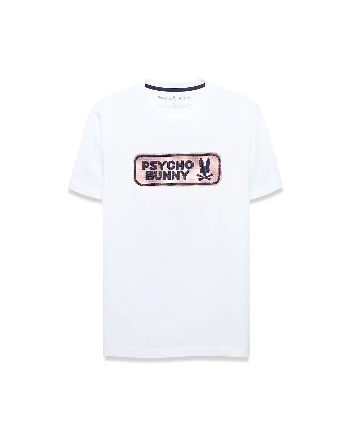 White classic fit jersey t-shirt with a large center chest textured graphic featuring a pink background, dark blue Psycho Bunny wordmark, and iconic bunny skull logo. Men's Samson Wordmark Graphic Tee. (1)