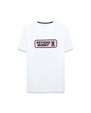White classic fit jersey t-shirt with a large center chest textured graphic featuring a pink background, dark blue Psycho Bunny wordmark, and iconic bunny skull logo. Men's Samson Wordmark Graphic Tee. (1)