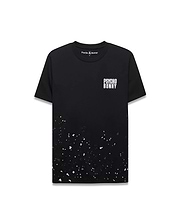 Mens Malcolm Graphic Tee, black classic fit jersey knit with white Psycho Bunny text on left chest, small embroidered bunny skull, and a vibrant white, teal, dark blue paint splatter graphic on the lower half.