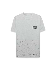 Mens Malcolm Graphic Tee, a grey jersey t-shirt with a classic fit, featuring a pink, black, and red splatter print on the lower half and a black Psycho Bunny text logo on the right chest.