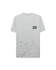 Mens Malcolm Graphic Tee, a grey jersey t-shirt with a classic fit, featuring a pink, black, and red splatter print on the lower half and a black Psycho Bunny text logo on the right chest.