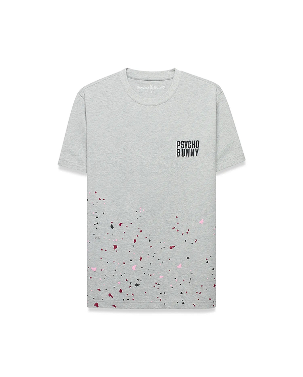 Mens Malcolm Graphic Tee, a grey jersey t-shirt with a classic fit, featuring a pink, black, and red splatter print on the lower half and a black Psycho Bunny text logo on the right chest.