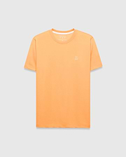 Mens Dash Bunny Sport Tee, a classic fit orange t-shirt made from smooth performance fabric, featuring a small white embroidered Psycho Bunny skull logo on the left chest and white inner collar trim. (5)
