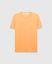 Mens Dash Bunny Sport Tee, a classic fit orange t-shirt made from smooth performance fabric, featuring a small white embroidered Psycho Bunny skull logo on the left chest and white inner collar trim. (5)