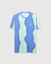 Mens Blaze Sport Tee in a classic fit, featuring a wavy vertical stripe pattern in vibrant blue and mint green, with a white Psycho Bunny skull logo on the left chest.