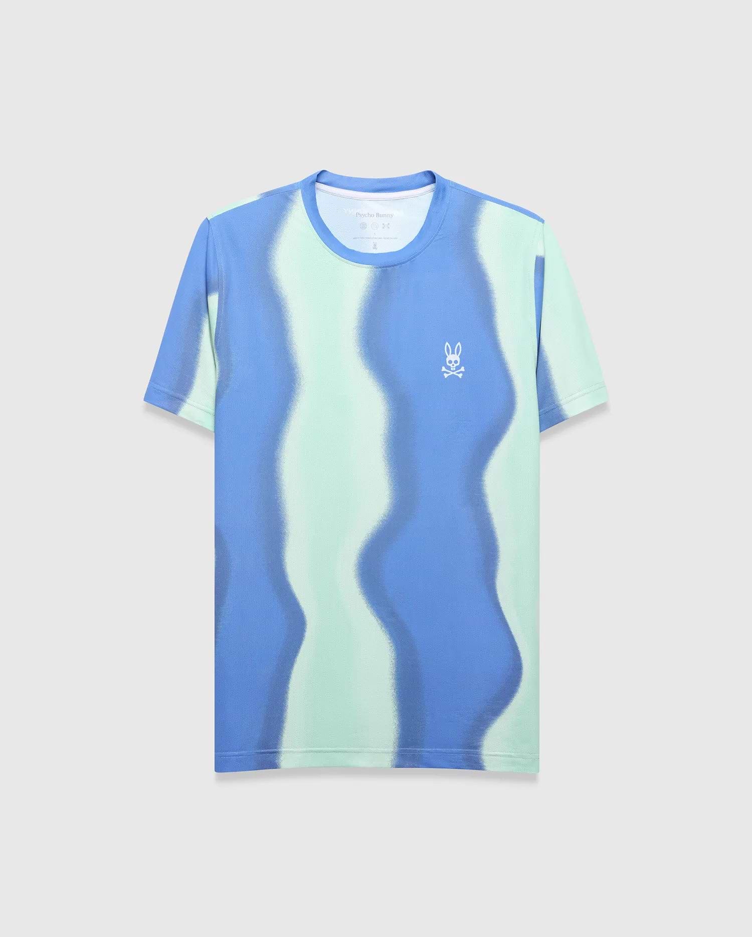 Mens Blaze Sport Tee in a classic fit, featuring a wavy vertical stripe pattern in vibrant blue and mint green, with a white Psycho Bunny skull logo on the left chest.