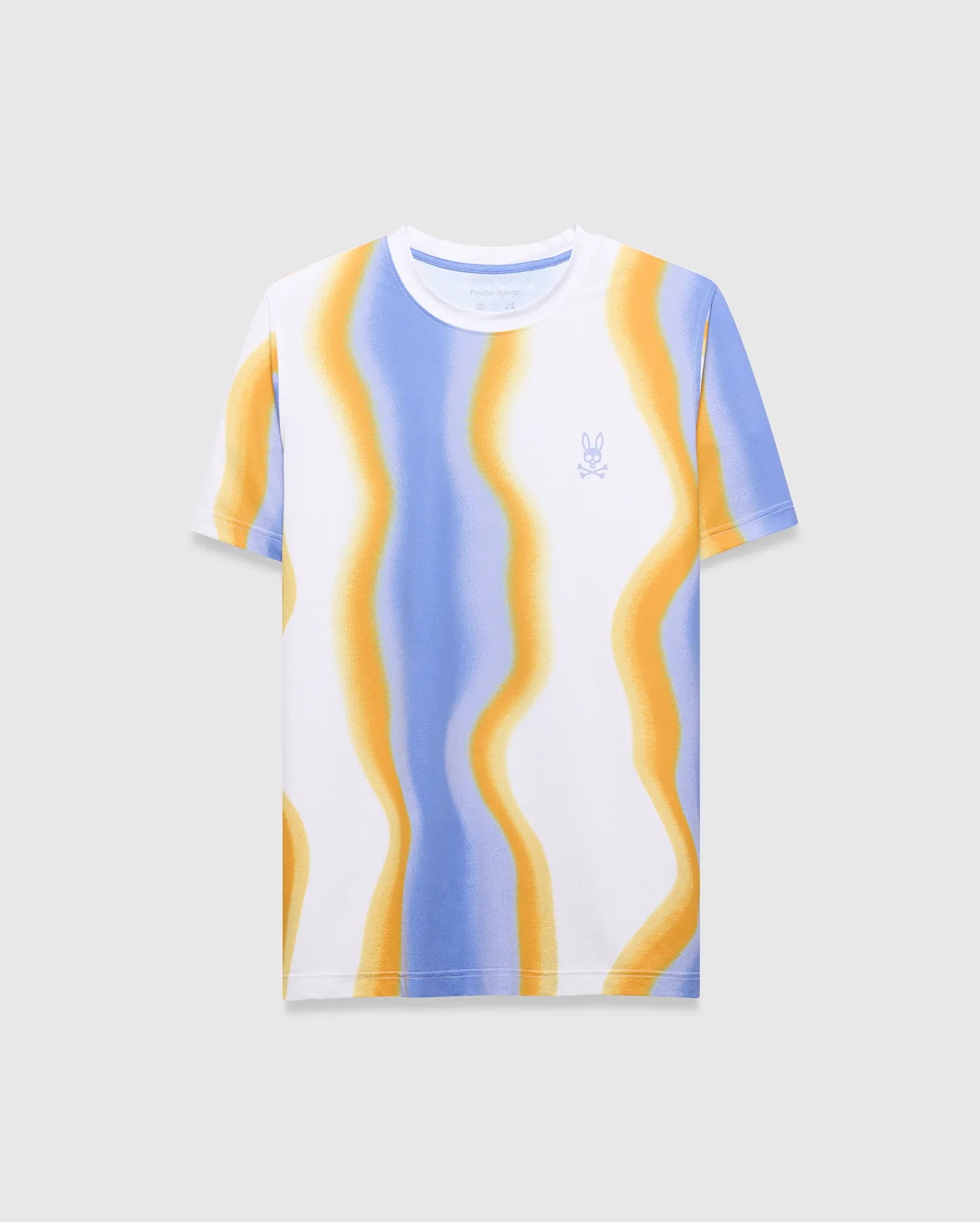 Mens Blaze Sport Tee, a white jersey t-shirt with a wavy blue and orange abstract pattern, featuring a small embroidered Psycho Bunny skull logo on the left chest.