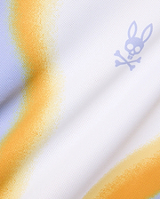 Mens Blaze Sport Tee in white perforated mesh fabric with a vibrant orange and light blue spray paint gradient design, featuring a small, light purple Psycho Bunny skull logo on the upper right chest.