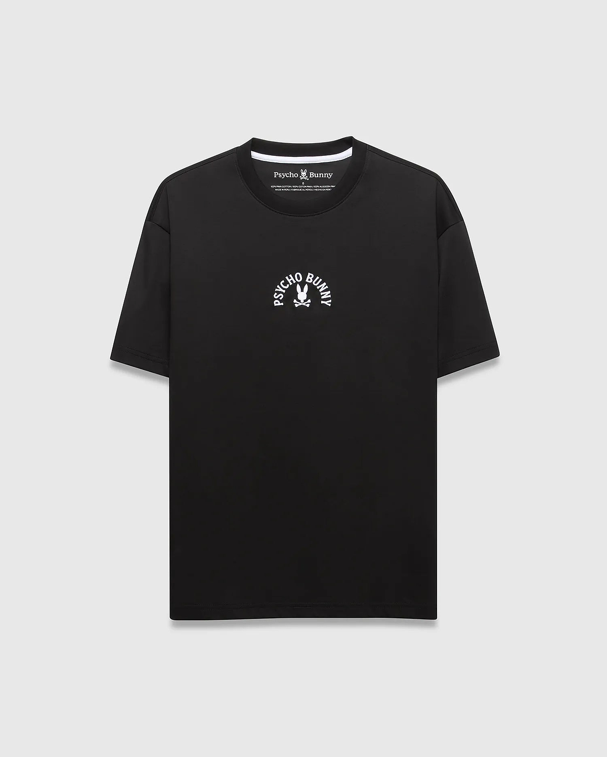 Mens Stevie Relaxed Fit Tee in black jersey knit, featuring a small, iconic white Psycho Bunny skull logo with curved PSYCHO and BUNNY text on the chest, plus a subtle white neck trim.