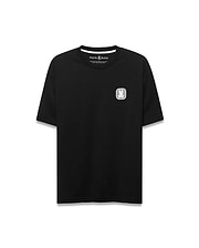 Men's Samson Oversized Bunny Tee, a black oversized jersey knit t-shirt with a refined, small white textured square embroidered Psycho Bunny skull logo patch on the left chest. (5)