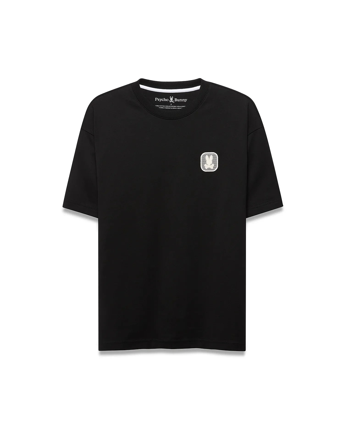 Men's Samson Oversized Bunny Tee, a black oversized jersey knit t-shirt with a refined, small white textured square embroidered Psycho Bunny skull logo patch on the left chest. (5)