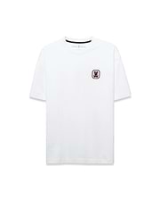 Men's Samson Oversized Bunny Tee, a white jersey t-shirt with an oversized fit, featuring a small pink and black embroidered bunny skull logo on the left chest and black Psycho Bunny neck tape. (5)