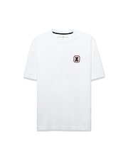 Men's Samson Oversized Bunny Tee, a white jersey t-shirt with an oversized fit, featuring a small pink and black embroidered bunny skull logo on the left chest and black Psycho Bunny neck tape. (5)