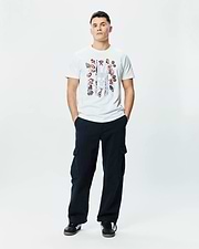 Mens Race Bunny Graphic Tee, a white classic fit jersey t-shirt featuring a large central distressed grey stripe graphic with colorful Psycho Bunny skull motifs.